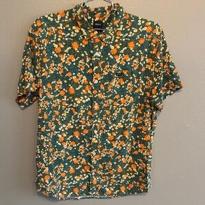 RVCA Men’s Green Floral Short-Sleeve Button-Down Shirt with Orange Blooms